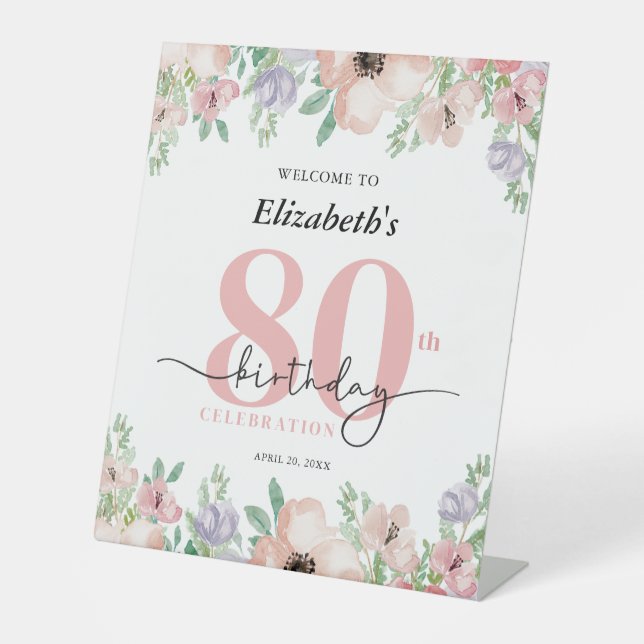 Elegant Pastel Floral 80th Birthday Party Welcome Pedestal Sign (Front)