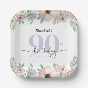 Elegant Pastel Floral 90th Birthday Party Paper Plate