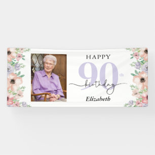 Elegant Pastel Floral 90th Birthday Party Photo Banner