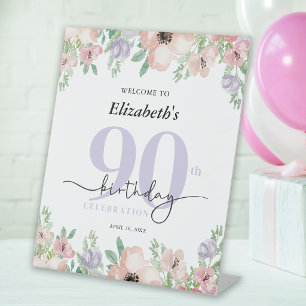 Elegant Pastel Floral 90th Birthday Party Welcome Pedestal Sign