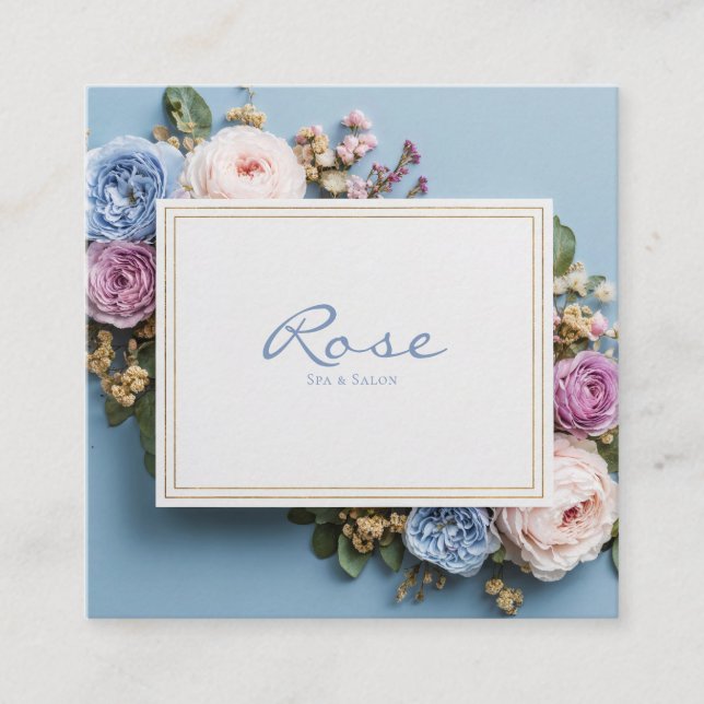 Elegant Pastel Floral Blue Pink Gold Frame Square Business Card (Front)