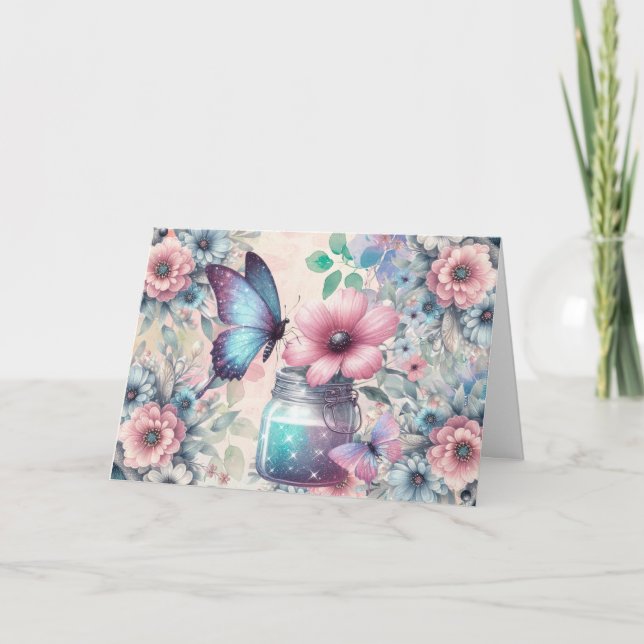 Elegant Pastel Floral Butterfly Note Card (Front)