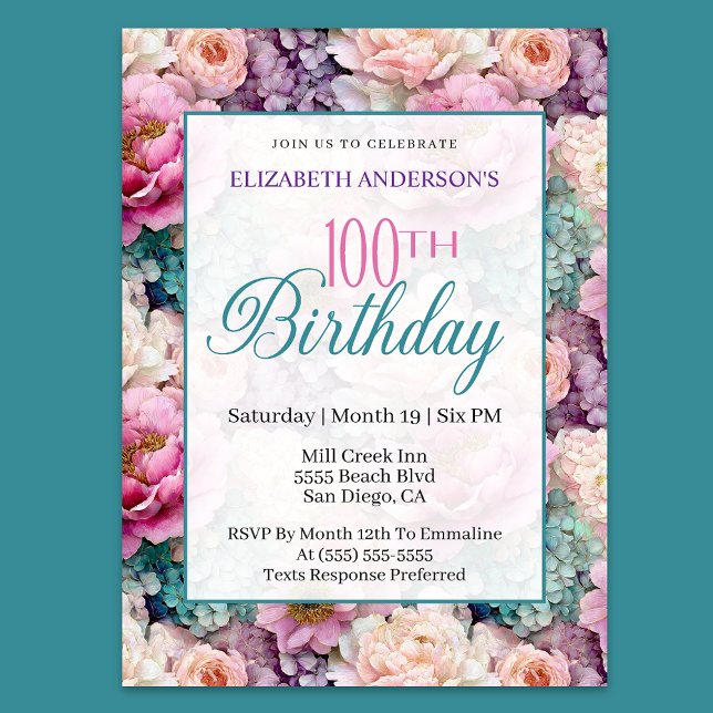 Elegant Pastel Floral Garden 100th Birthday Invitation (Creator Uploaded)