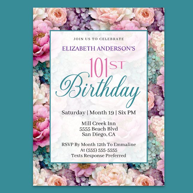 Elegant Pastel Floral Garden 101st Birthday Invitation (Creator Uploaded)