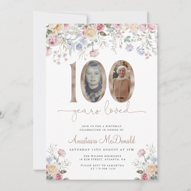 Elegant Pastel Floral Photo 100th Birthday Invitation (Front)