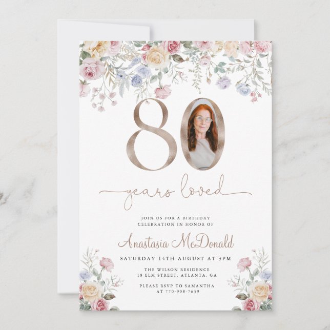 Elegant Pastel Floral Photo 80th Birthday Invitation