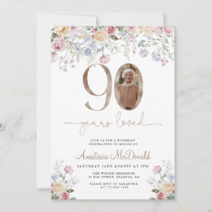Elegant Pastel Floral Photo 90th Birthday Invitation