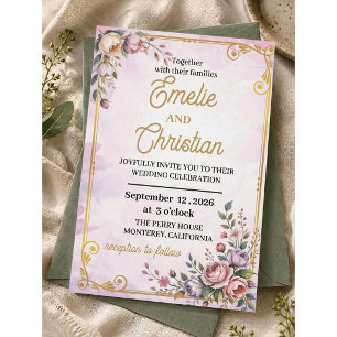 Elegant Pastel Floral Pink Lavender Floral Gold Invitation