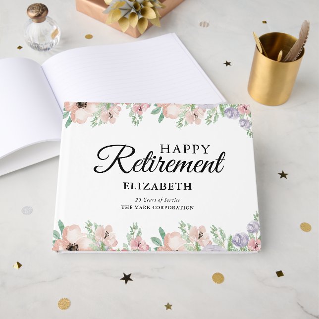 Elegant Pastel Floral Retirement Party Guest Book (Front Open)