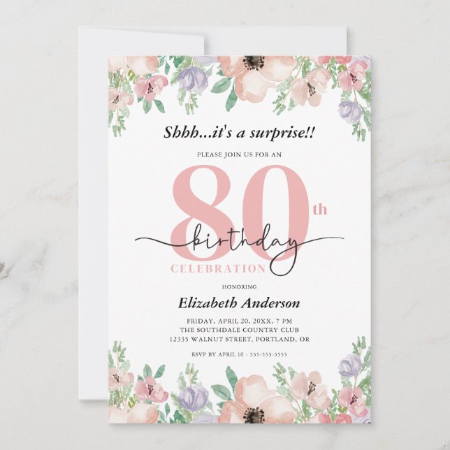 Elegant Pastel Floral Surprise 80th Birthday Party Invitation (Front)