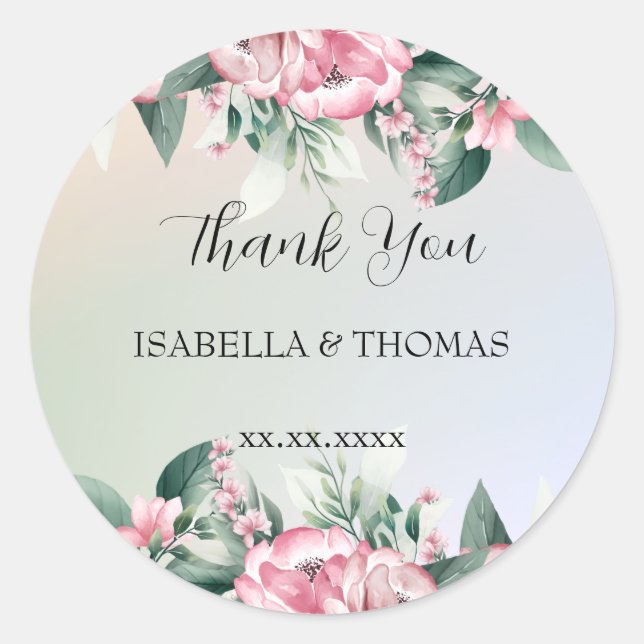 Elegant pastel floral Thank You Wedding party Classic Round Sticker (Front)