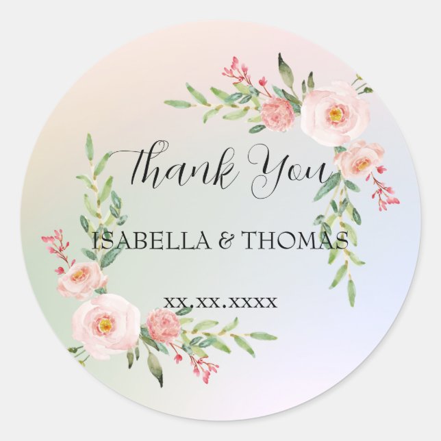Elegant pastel floral Thank You Wedding party Classic Round Sticker (Front)