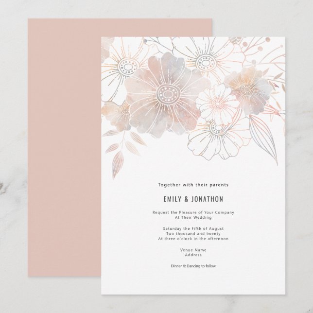 Elegant Pastel Florals Blush Peach Grey Wedding Invitation (Front/Back)