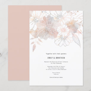 Elegant Pastel Florals Blush Peach Grey Wedding Invitation