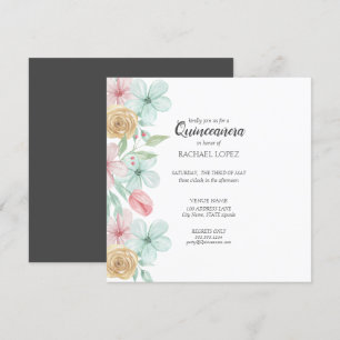 Elegant Pastel Florals   Gold Frame Quinceanera Invitation