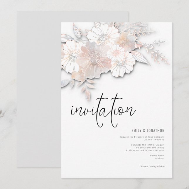 Elegant Pastel Florals Peach Blush Grey Wedding Invitation (Front/Back)