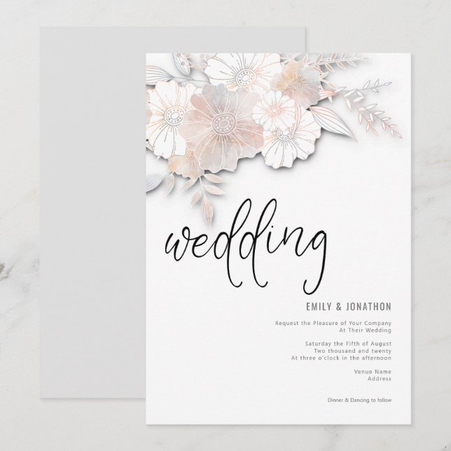 Elegant Pastel Florals Peach Blush Grey Wedding Invitation (Front/Back)