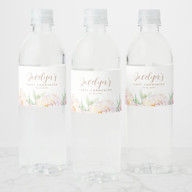 Elegant Pastel Flowers | First Communion Water Bottle Label (Bottles)