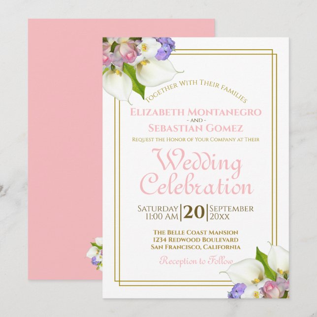 Elegant Pastel Flowers Gold and Pink Wedding Invitation (Front/Back)