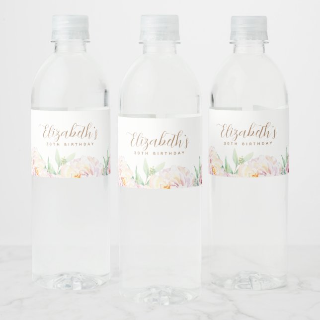 Elegant Pastel Flowers | Personalised Birthday Water Bottle Label (Bottles)
