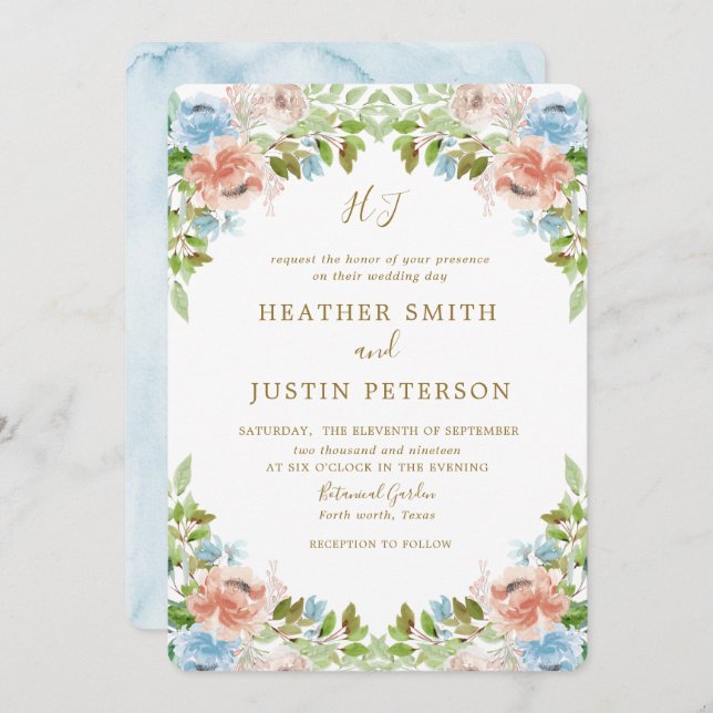 Elegant Pastel Garden Blue Watercolor Wedding Invitation (Front/Back)