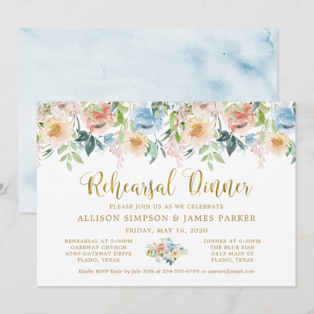 Elegant Pastel Garden Watercolor Rehearsal Dinner Invitation (Front/Back)