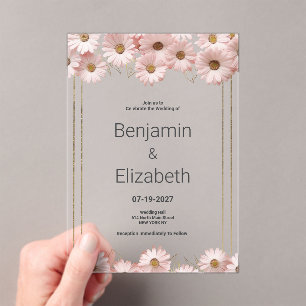 Elegant pastel gray pink gold daisy floral Wedding Acrylic Invitations