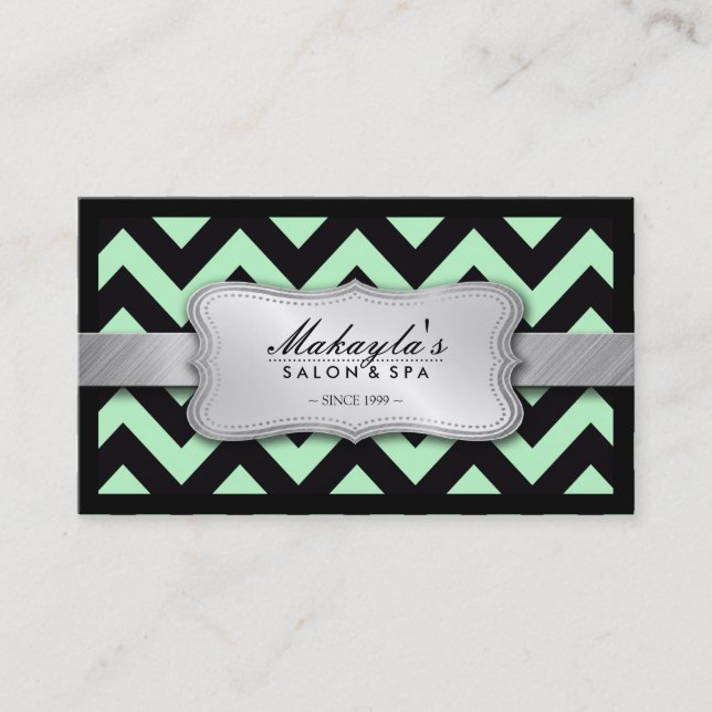 Elegant Pastel Green and Black Chevron Pattern Business Card (Front)
