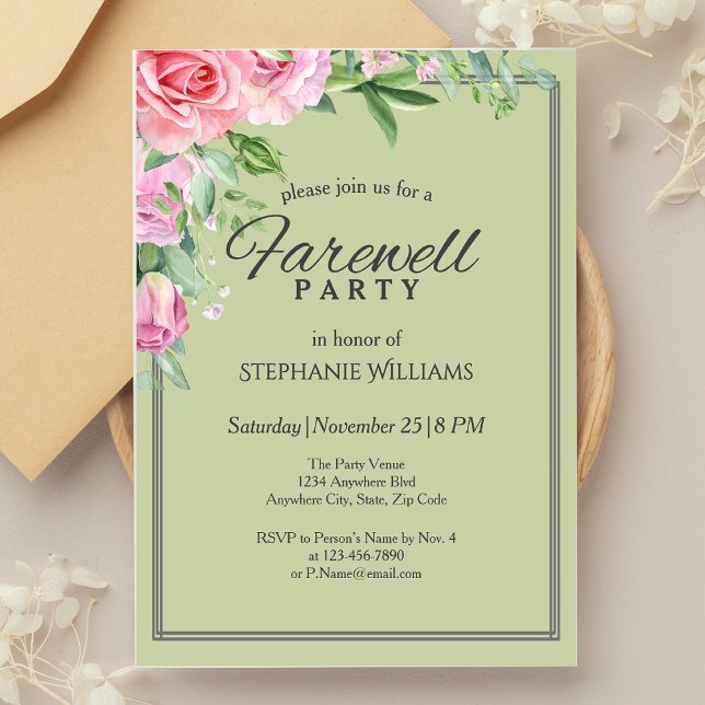 Elegant Pastel Green Flower Farewell Party  Invitation (Creator Uploaded)