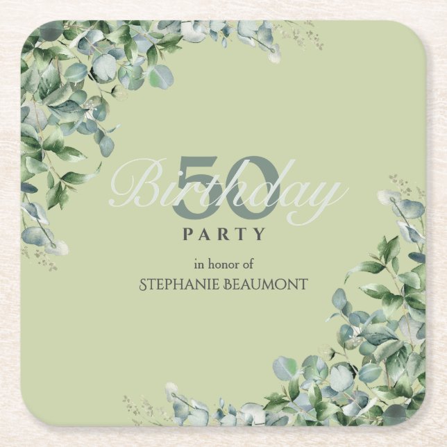 Elegant Pastel Green Flower Women's 50th Birthday  Square Paper Coaster (Front)
