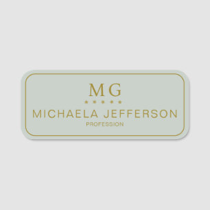 Elegant Pastel Green Gold Monogrammed Professional Name Tag