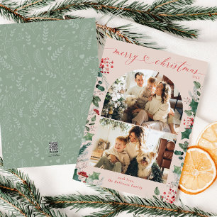 Elegant Pastel Green Pink 2 Photo Christmas Card 