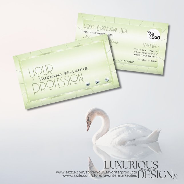 Elegant Pastel Green with Diamonds and Logo Chic Business Card (Creator Uploaded)