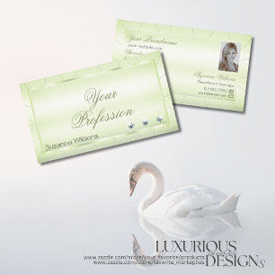 Elegant Pastel Green with Diamonds and Photo Chic Business Card