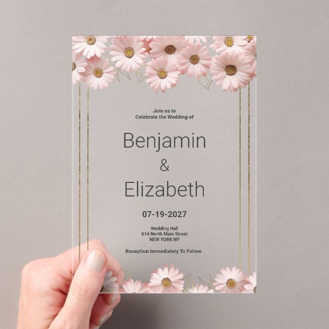 Elegant pastel grey pink gold daisy floral Wedding Acrylic Invitations (Insitu (Handheld))