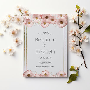 Elegant pastel grey pink gold daisy floral Wedding Invitation