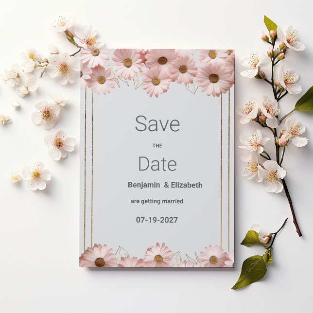 Elegant pastel grey pink gold daisy Save the Date Invitation (Elegant pastel gray pink gold daisy Save the Date )