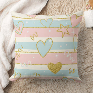 Elegant Pastel Hearts with Gold Stripe Accents Cushion