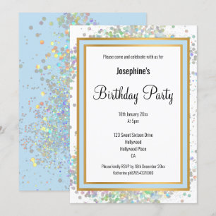 ELEGANT PASTEL HOLOGRAPHIC BLUE GOLD BIRTHDAY INVITATION