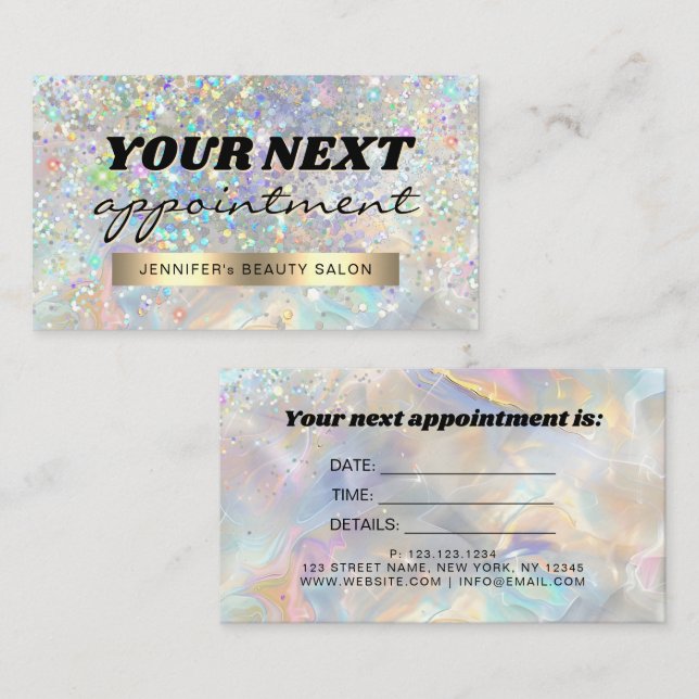 Elegant Pastel Holographic Glitter Marble Appointment Card (Front/Back)