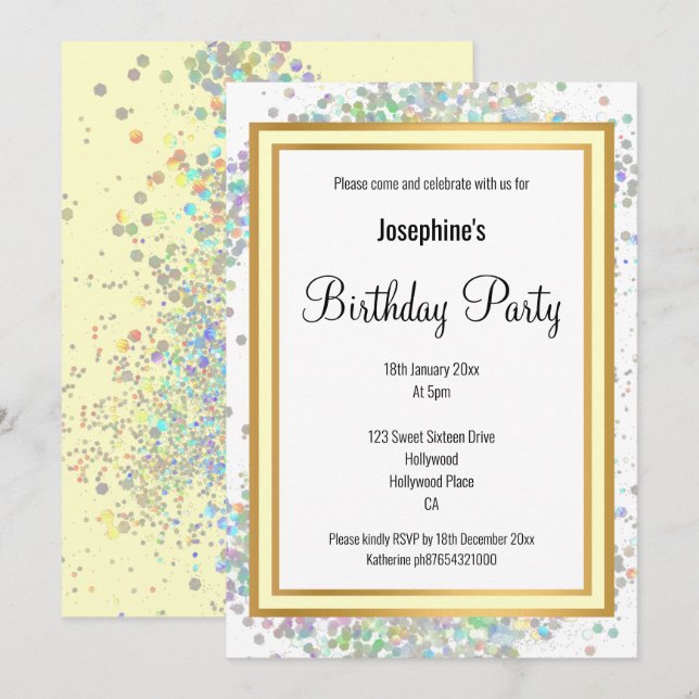 ELEGANT PASTEL HOLOGRAPHIC LEMON GOLD BIRTHDAY INVITATION (Front/Back)