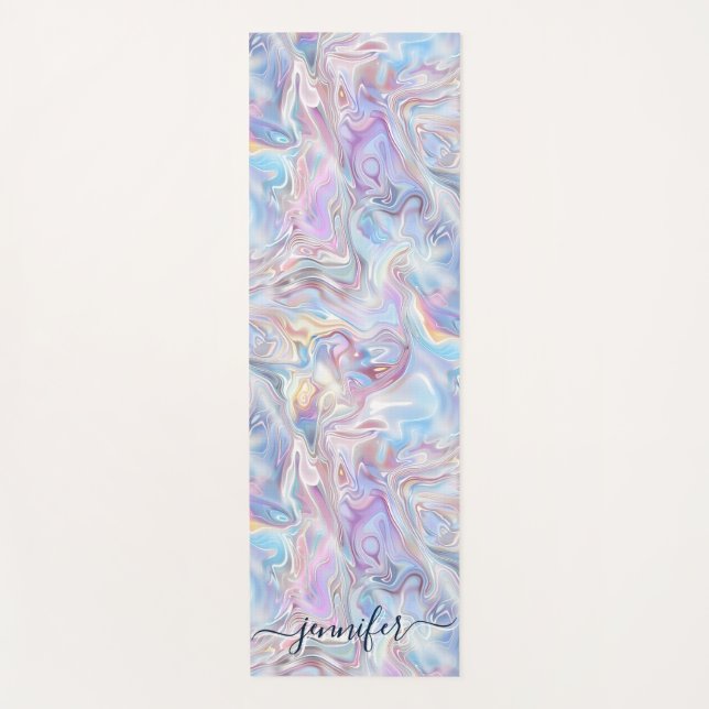 Elegant Pastel Holographic Marble Swirls Girly Yoga Mat (Front)