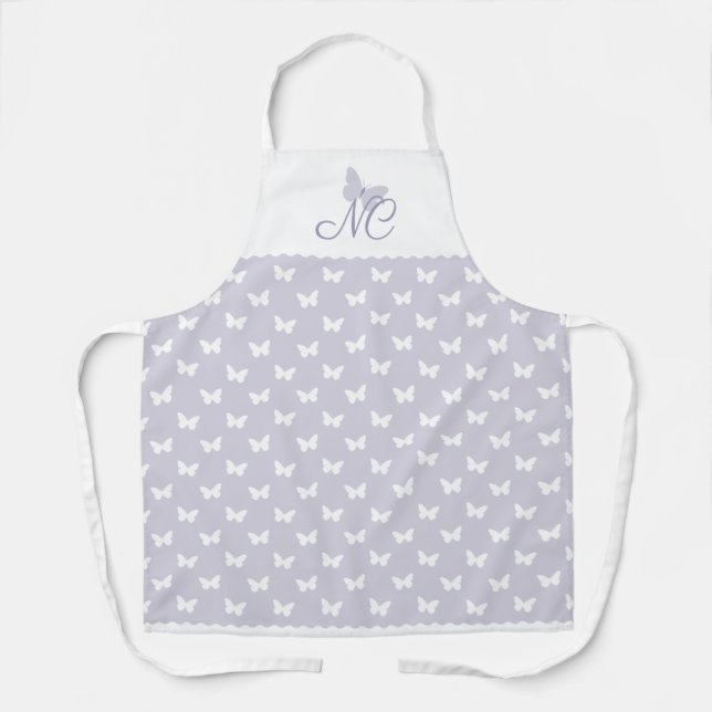 Elegant Pastel Lavender Monogram Butterfly Pattern Apron (Front)