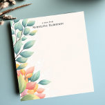 Elegant Pastel Leaves Botanical Personalised Name Notepad<br><div class="desc">Embrace the beauty of nature with this elegant, personalised notepad. A cascade of pastel-coloured leaves in shades of green, peach, and yellow adorns the left side, creating a soft, natural frame. The minimalist design and muted colour palette provide a sophisticated look. Add your own text to make this notepad uniquely...</div>