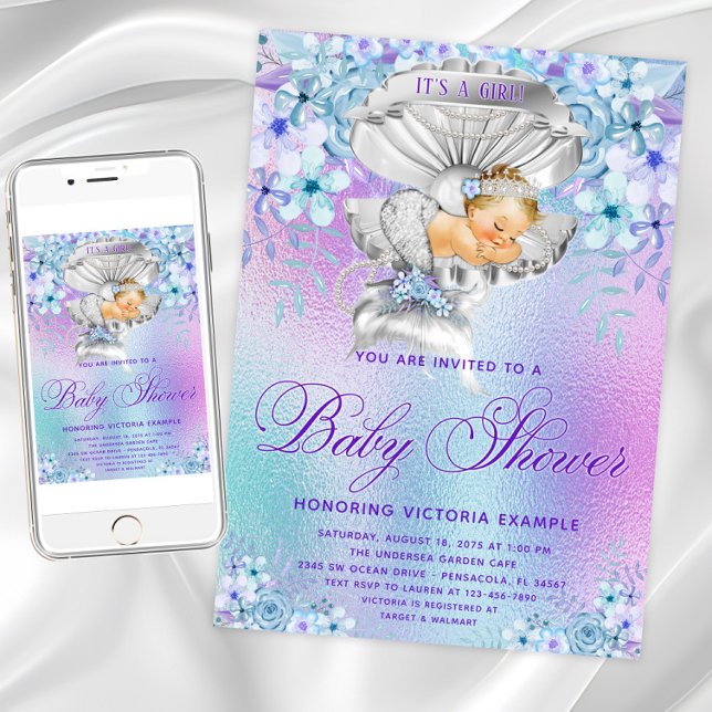 Elegant Pastel Mermaid Baby Shower Invitations (Purple teal mermaid baby shower invitation. Instant download and printed invitations available.)