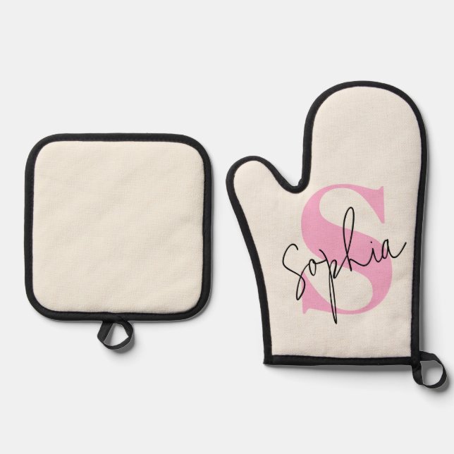Elegant Pastel Monogram Oven Mitt & Pot Holder Set (Front)