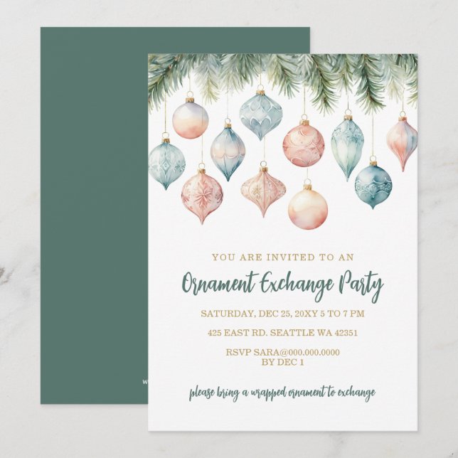 Elegant Pastel Ornament Exchange Christmas Party Invitation (Front/Back)