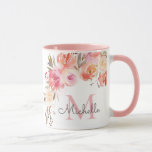 Elegant Pastel Peach Pink Rose Floral Monogrammed Mug<br><div class="desc">Beautiful, Pastel Peach Pink Rose Floral personalised name monogrammed mug. Elegant, light pink peach colour watercolor roses, botanical floral design with foliage on white background. You can personalise with your name and monogram initial with a pretty elegant handwritten typography. This feminine mug makes the perfect gift for her for birthday,...</div>