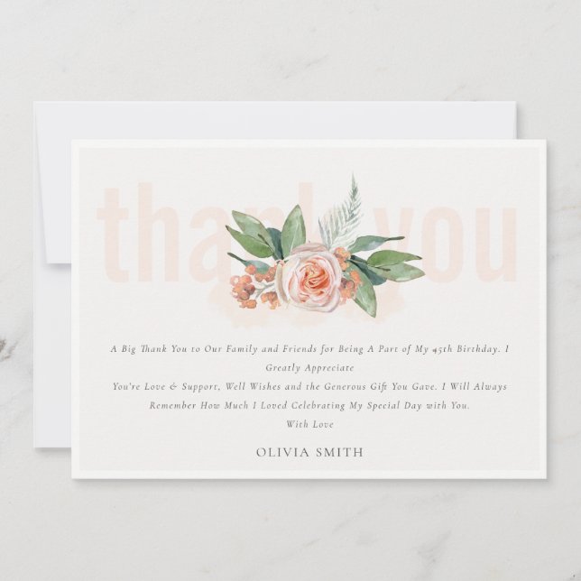 Elegant Pastel Peach Rose Floral Bunch Birthday Thank You Card (Front)