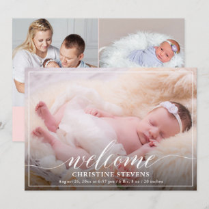 Elegant Pastel Pink 3 Photo Birth Announcement